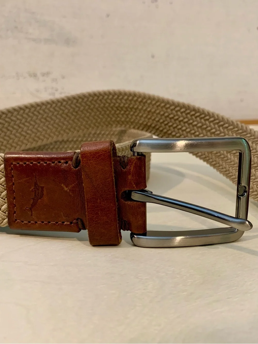 Tommy Bahama Beige Woven Belt with Brown Leather Trim, S/M